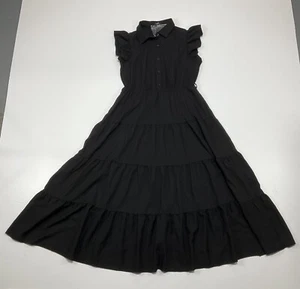 Mode Damen Größe L schwarz Maxikleid abgestufte Rüsche kurzärmelig Kragen - Bild 1 von 13