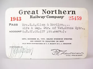 1943 GREAT NORTHERN RAILWAY CO RAILROAD EMPLOYEE PASS #25459 - Picture 1 of 2