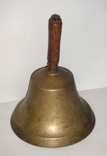 antique LARGE EARLY SCHOOL /DESK BRASS HAND BELL w/WOOD HANDLE rings clear,long