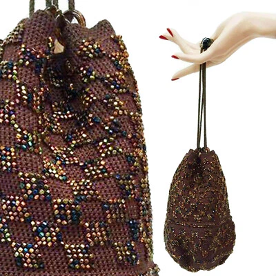 Cartera retícula Art Deco vintage años 20 solapa marrón carnaval vidrio cuentas cordón Foto 1 de 4