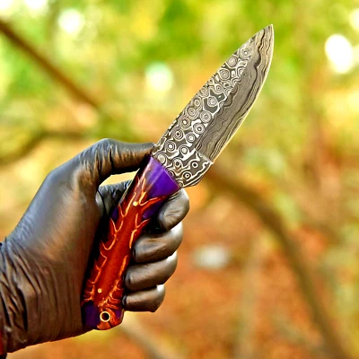 Handmade Damascus Steel Skinner Knife Hunting Fix Blade Unique Pinecone Handle - Image 1 of 4