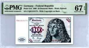 Germany 10 Mark (Federal Republic) 1980 PMG 67 EPQ UNC P-31d Fancy SN+Gift! GE31 - Picture 1 of 3