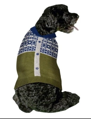 Pet Sweater Green Blue Silver Fair Isle Cardigan Vibrant Life Multiple Sizes - Image 1 of 4