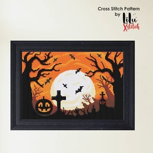 Cross Stitch Pattern Halloween Landscape Moon and Cemetery chart by LiluXstitch - Picture 1 of 7