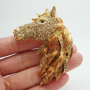 Vintage Style Horse Head Animal Brown Crystal Rhinestone Gold-tone Brooch Pin - Picture 1 of 4