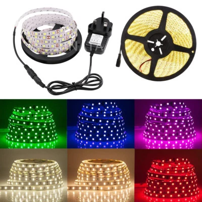XUNATA LED Strip 12V 5050 SMD Waterproof tape Lights Rope Warm White Blue 5M UK plug