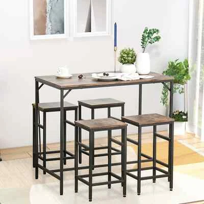 5pcs Industrial Rectangular Dining Set 4 Stools with Bar Table Kitchen Dining  - Image 1 of 4