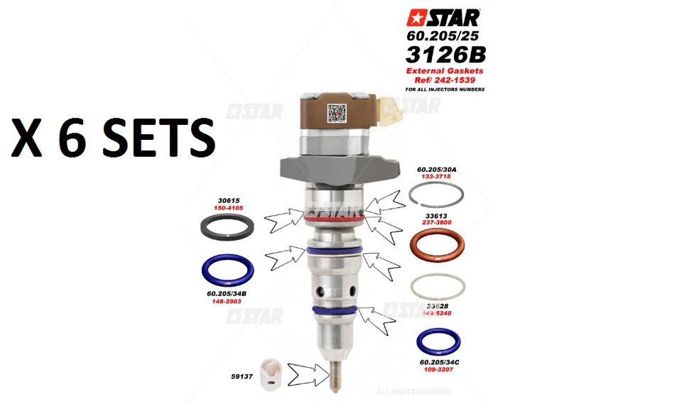 3126 Caterpillar HUEI Diesel Injector O-Ring Kit 3116 3216B 7.3L 6 CYL set of 6 - Image 1 of 1