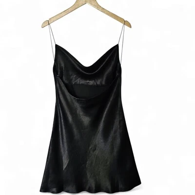 Mini Sexy Vestido Sin Mangas Doble Cero Negro Satinado Talla M Espalda Abierta Correa de Espagueti Foto 1 de 4