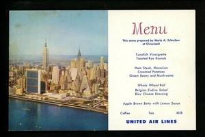 Menu postcard United Air Lines Skyline Manhattan New York NY Cleveland Ohio OH - Picture 1 of 2