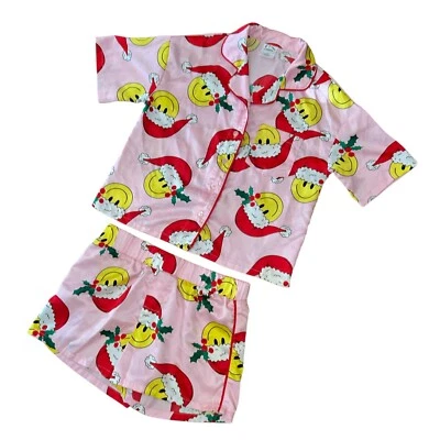Smiley Face Santa Christmas PJ Set Pajamas Girls Size 8 Satin Holiday Fun Cutesy - Image 1 of 4