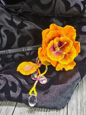 Handcrafted Glass Beaded & Polymer Clay Pink/Yellow Hibiscus Bamboo Hair stick - Image 1 of 4