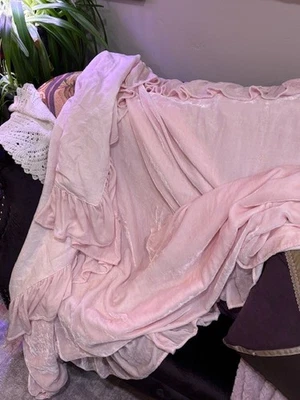 Linen Salvage Luxe Isabella Silk Velvet Tatter Ruffle Throw Rose Pink REDUCED! - Image 1 of 4