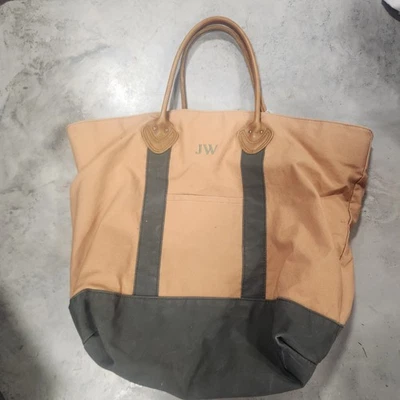 LL Bean Boat & Tote De Colección 22” XL Bolso Cuero Mango Forro a Cuadros Monograma JW H85 Foto 1 de 4