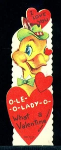 Tarjeta de felicitación vintage de San Valentín I LOVE YOU O-LE-O-LADY-O Pato con sombrero - Imagen 1 de 1