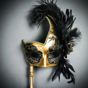 Venetian Elegance Side Feather Masquerade Women Mask in GOLD Black w/ Stick - Picture 1 of 5