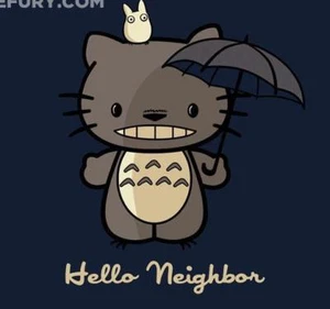 Hello Kitty as My Neighbor Totoro Satire Mashup Teefury Ladies Shirt BRAND NEW - Picture 1 of 1