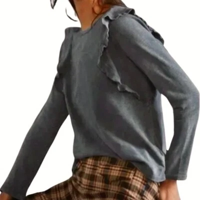 ANTHROPOLOGIE Eri + Ali Boho Ruffle Выстиранный Топ Whimsigoth Вязаная Серая Футболка МАЛЕНЬКАЯ - Изображение 1 из 4