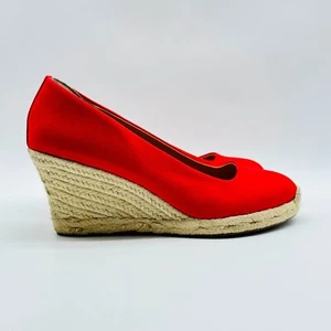 J Crew Shoes Womens 8 Red Espadrille Wedge Heels Canvas Tan Summer Shoes - Picture 1 of 11