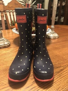 Molly Welly Rainboots By Joules Ladies 8 Navy W/White Pokadots - Picture 1 of 6