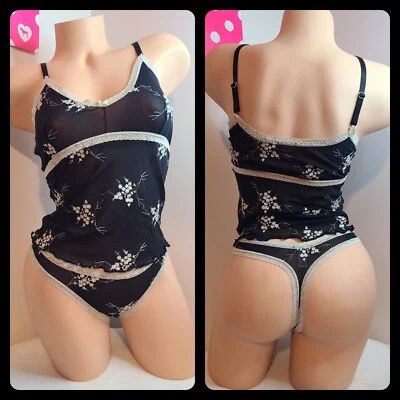 Conjunto de cami/calcinha vintage Skimpies malha bordada transparente tamanho GG - Imagem 1 de 4