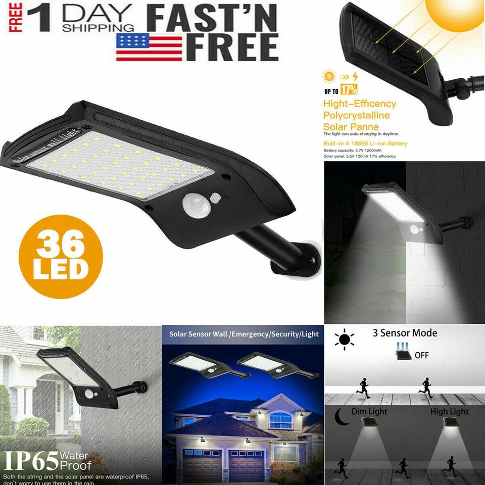 Solar Lights PIR Motion Sensor Waterproof Outdoor Garden Yard Wall Lamp 36 LED - Image 1 of 4