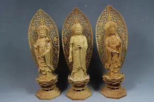 Hermosos tres Kwan-yin chinos de madera de álamo amarillo - Imagen 1 de 10