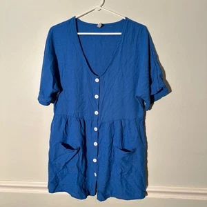 Camisa túnica azul manga corta botón delantero con bolsillos talla pequeña para mujer - Imagen 1 de 5