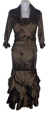 De Colección Tadashi Talla 4 Mujer Marrón Mezcla Seda Volantes Preppy Retro Maxi Falda Conjunto Traje Foto 1 de 4