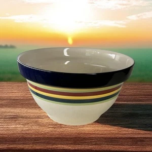 Large Stoneware Mixing Bowl Cream With Colored Stripes - Picture 1 of 9