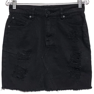 Volcom Black Jean Denim Mini Skirt S 4/6 High Rise Distressed Frayed Hem Grunge - Image 1 of 4