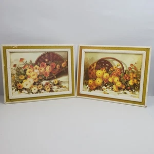 Vintage L Sherman Blumendruck Kunst im Holzrahmen 14,5x11,5 Zoll 2er SET - Bild 1 von 5