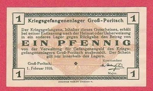 🔴GERMANY  1 Pfennig  1916  UNC-    POW -  WWI Concentration Camp GROSS-PORITSCH - Picture 1 of 1