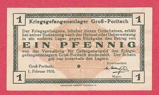 🔴GERMANY  1 Pfennig  1916  UNC-    POW -  WWI Concentration Camp GROSS-PORITSCH - Image 1 of 1