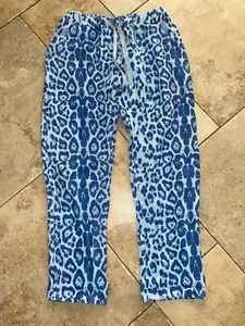 BLUE LEOPARD PRINT LINEN TROUSERS/PANTS ELASTIC WAIST DRAWSTRING SIZE SMALL - Picture 1 of 2