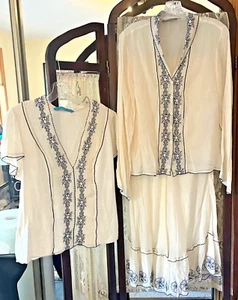 Vintage Johnny Was Embroidered White w/ Blue Skirt & 2 Tops Shirt Set Sze M/L - Picture 1 of 12