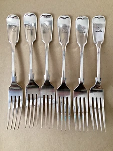 SIX THOMAS BRADBURY & SONS AG plate Fiddle pattern forks - “SITTING CAT” crest - Picture 1 of 7