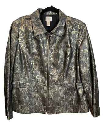 Chicos Metallic Shimmer Full Zip Jacket L Size 2 Gray Gold Scroll Glam Luxe - Image 1 of 4