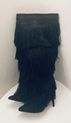 Botas Shoedazzle Rhonda para mujer negras con flecos hasta la rodilla tacón de aguja talla 6 Foto 1 de 4