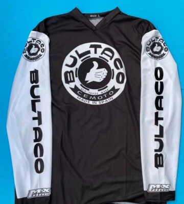 Bultaco Shirt Jersey Trials MX BLACK WHITE Twinshock Vintage Sherpa Pursang  - Image 1 of 2