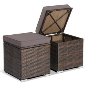 Set of 2 Patio Rattan Square Ottoman Footrests W/Hidden Storage Space & Cushions - Picture 1 of 9