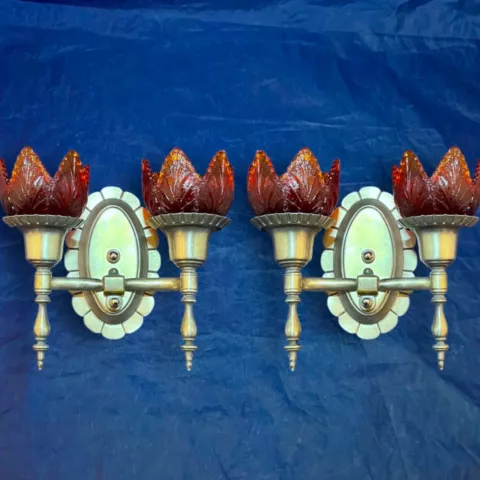 Antique Nickel Pair Art Deco Sconces Amber Slip Shades Rewired 11i Cover