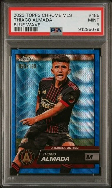 2023 Topps Chrome MLS Thiago Almada Blue Wave #'d/199 PSA 9 MINT #185 Atlanta - Image 1 of 2