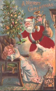 1910 Santa St Nick en traje de seda niña árbol durmiente postal de Navidad en relieve - Imagen 1 de 2