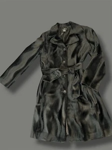 Y2K Bebe Squiggly Lined Faux Fur/Velvet/Velour Sz Small Peacoat Trench Coat - Picture 1 of 12