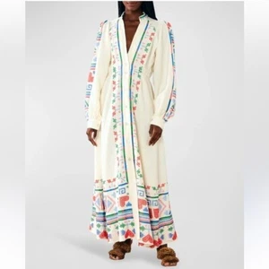 FARM RIO Dress Women Large Embroidered Kaftan Boho Cottage Long Linen - Imagen 1 de 15