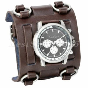 Mens Military Super Wide Leather Band Stainless Sports Quartz Analog Wrist Watch - Picture 1 of 6