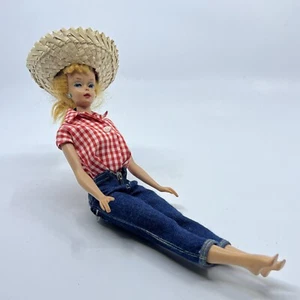 Vintage 1960 Barbie #3 blonder Pferdeschwanz blau Liner Perlen Ohrringe Outfit - Bild 1 von 10