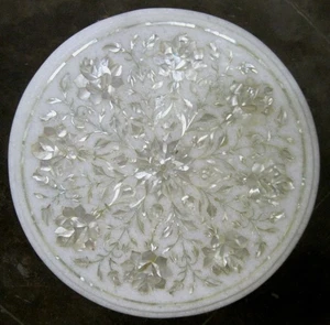 White MOP Inlay Side Table Top with Floral Design 15 Inches Marble Coffee Table - Picture 1 of 6