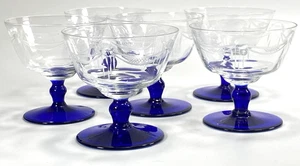 Lovely Blown Glass Cobalt Blue Stemmed Etched Swag & Design Short Champagne 6 - Picture 1 of 24
